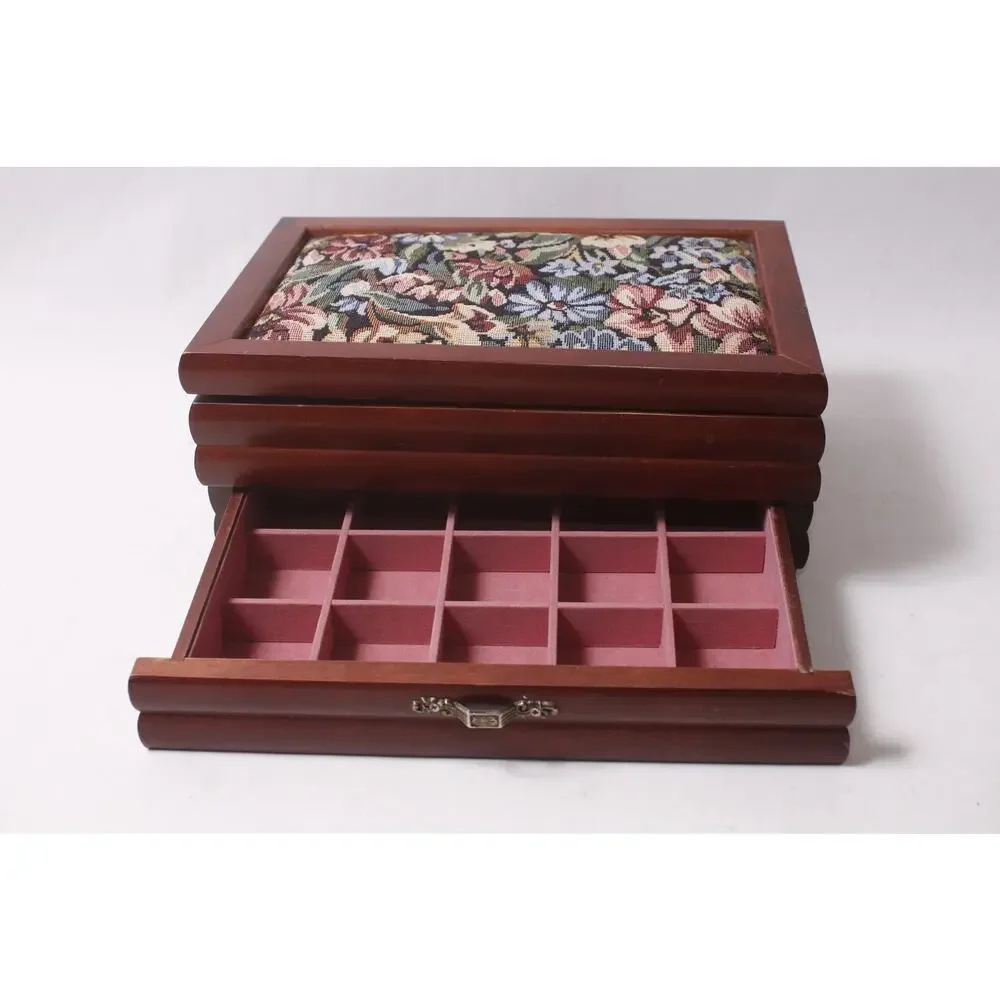 1990s Floral Vintage Wooden Jewelry Box with Drawer and Hangers and Tapestry To
